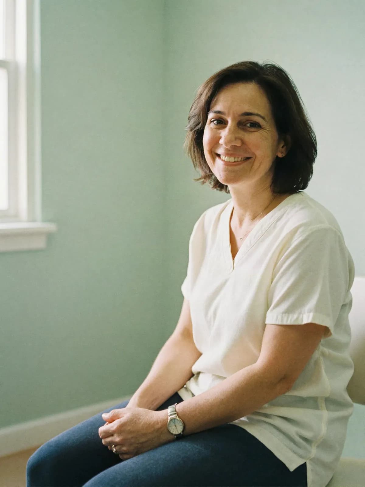 A speech-language therapist smiling warmly in a bright, sunlit clinic room