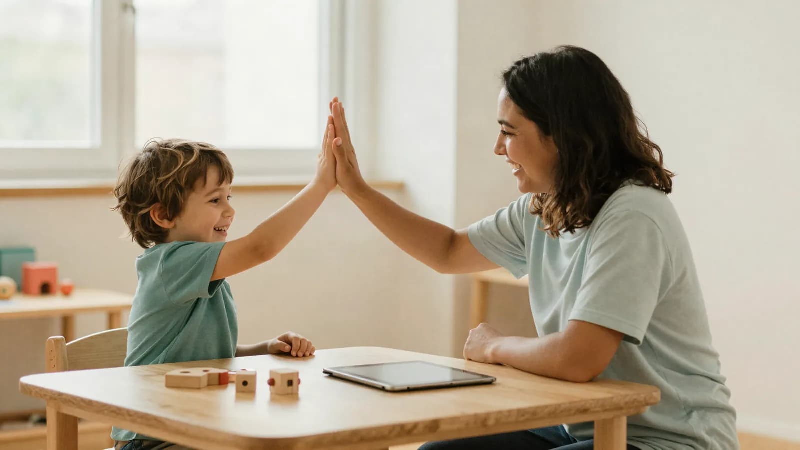 A speech therapist and a young child sharing a high five in a sunlit therapy room