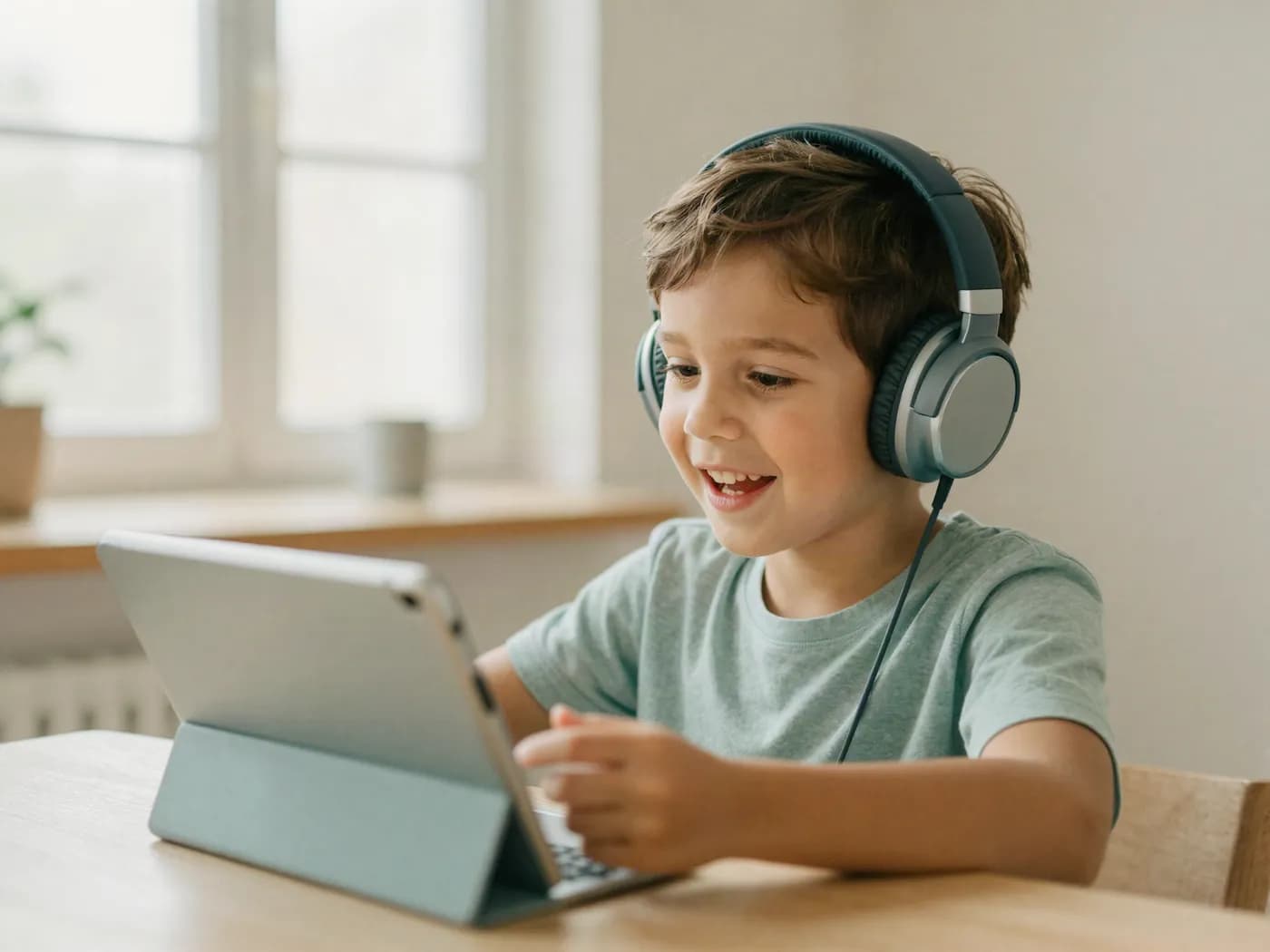 A cheerful child wearing headphones, speaking confidently toward a tablet